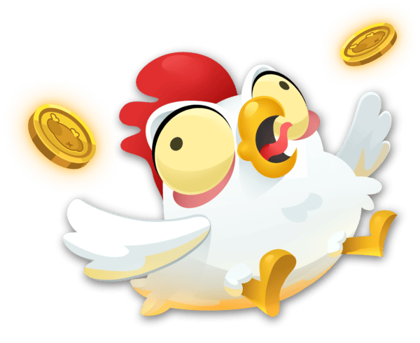 El pollo del juego vuela con monedas.